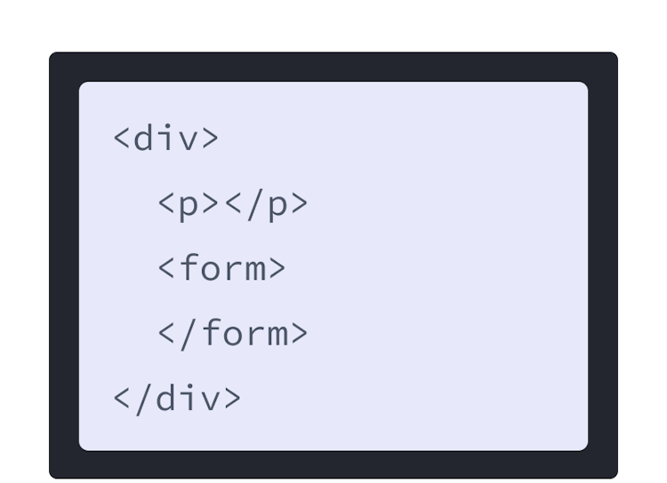 HTML розмітка з фіолетовим фоном та елементом div з двома дочірніми тегами: p та form.