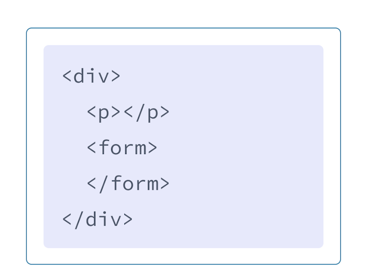 HTML розмітка з фіолетовим фоном та елементом div з двома дочірніми тегами: p та form.