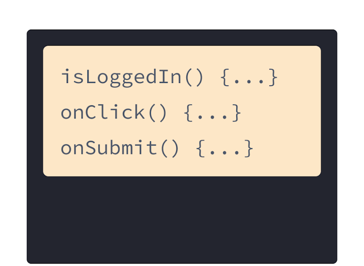 Три JavaScript обробники з жовтим фоном: onSubmit, onLogin та onClick.